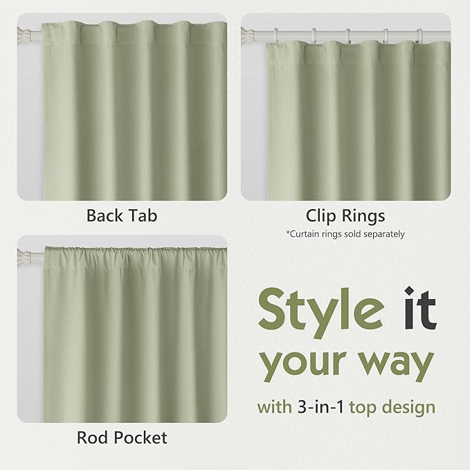 FMFUNCTEX 100% Blackout Curtains for Bedroom, Sage Green Back Tab Curtain 63 Inch Length Drapery Thermal Insulated Curtains for Living Room, Black Out Drapes Rod Pocket Room Darkening 2 Panels