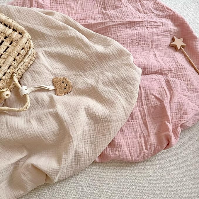 BuLuTu Muslin Mini Crib Sheets 38"x26", 2 Pack, Soft Breathable 2-Layers Gauze Cotton Baby Crib Mattress Sheets, Pack and Play Mattress Sheets Fitted for Pack N Play, Beige & Pink