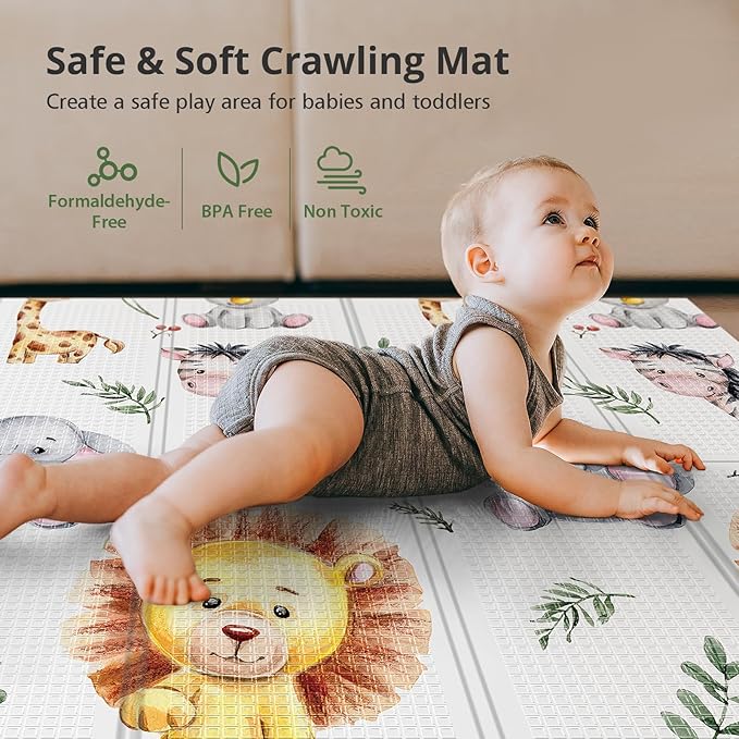 71x59 Foldable Baby Play Mat for Floor, Foam Playmat for Babies 0-12 Months, Kids Non Toxic Thick Play Mat , Waterproof & Anti-slip Crawling Toddlers Mats, Babies Activity Tummy Time Playmat, Lion,71x59