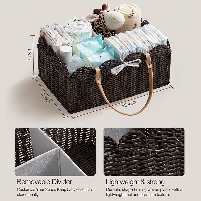 HBlife Baby Diaper Caddy Organizer, Portable Scalloped Plastic Wicker Woven Basket with Divider, Nursery Diaper Station, Baby Shower Gifts Basket, Car Organizer, Washable Waterproof