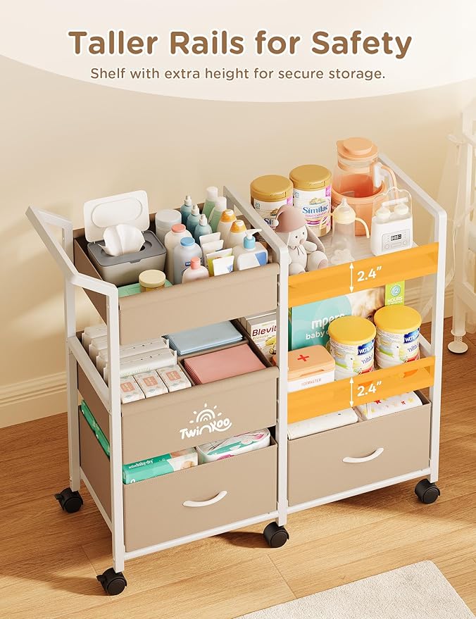 Baby Diaper Caddy Organizer, 3 Tier Rolling Storage Cart with Dividers and Drawers, Bedside Utility Cart for Nursery Essentials, Large Capacity Mobile Storage Cart for Crib, Bedroom