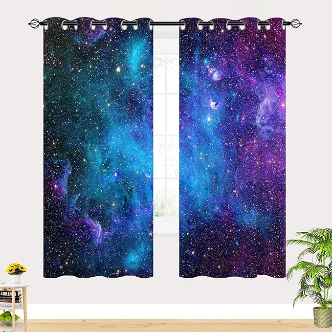 Kids Galaxy Curtains W29.5 x L65 Inch Grommet Thermal Insulated Blackout Window Drapes Space Blue Nebula Star Planet Universe Constellation Starry Print Pattern for Boys Girls Bedroom 2 Panels