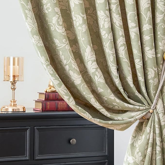 jinchan 75% Blackout Curtains for Bedroom, Green Scroll Leaf Patterned Curtains 96 inch Length for Living Room, Farmhouse Vintage Drapes, Thermal Insulated Window Treatments, Grommet 2 Panels Green