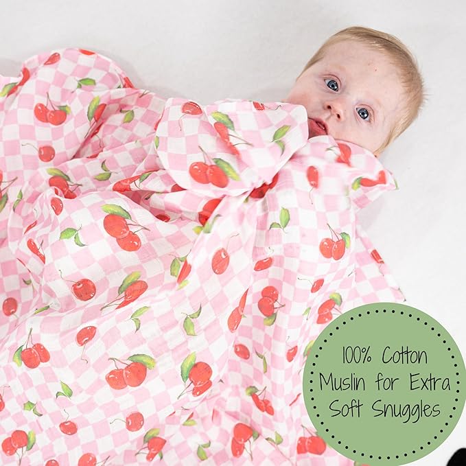 LollyBanks 100% Cotton Baby Swaddle Blanket for Baby Girls, Gentle and Soft Muslin Swaddle, Lightweight 47 x 47 Inches Swaddling Blankets for Newborn, Baby Girl Newborn Essentials (Cherry Print)