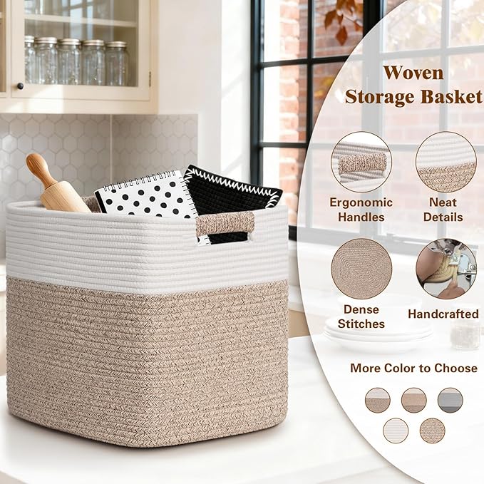 15×13 Inch Storage Cubes, 3 Pack Cube Storage Bins for Organizing, Cotton Rope Woven Baskets for Shelves, Bathroom, Kids Room, Closets, Baby Nursery