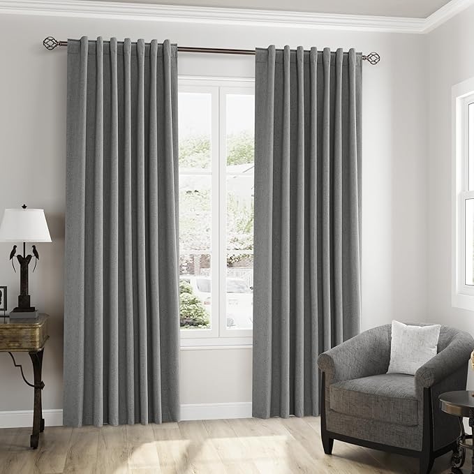 Guken 100% Blackout Linen Curtains 63 Inch Length 2 Panels Set for Living Room Bedroom Back Tab Thermal Insulated Black Out Linen Drapes Room Darkening Window Curtains,Dark Grey