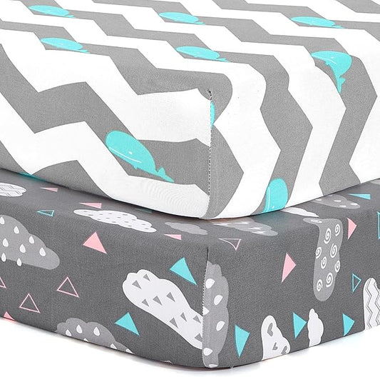 Pack n Play Sheets, BROLEX 2 Pack Mini Crib Sheets,Stretchy Portable Fitted Playard Sheet Set, Convertible Playard Mattress Cover,Ultra Soft Breathable Material,Whale Cloud