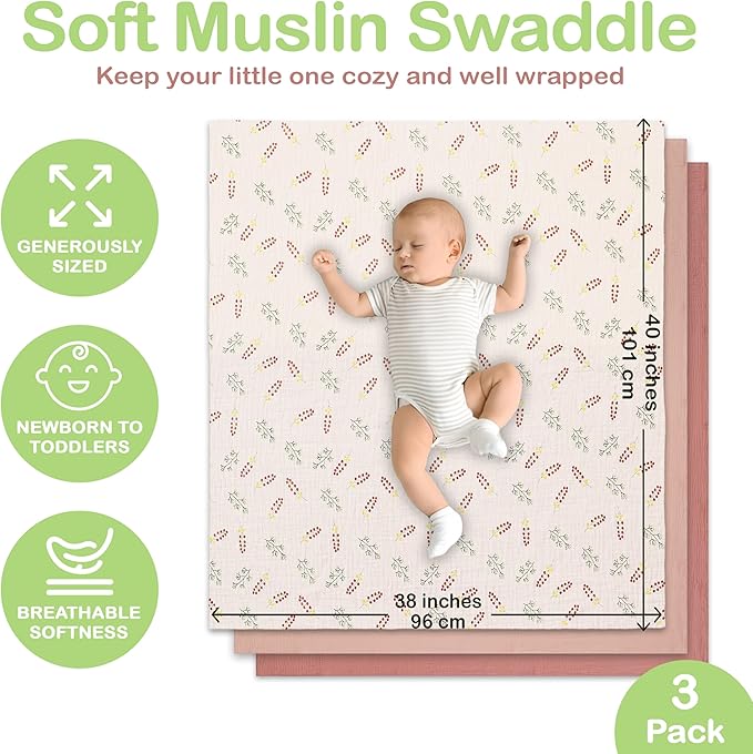 100% Organic Cotton Muslin Baby Blanket 3 Pack - Breathable Swaddle, Hypoallergenic Double-Layer, Versatile Use (Pink, Floral, Rust, 38x40 Inch)