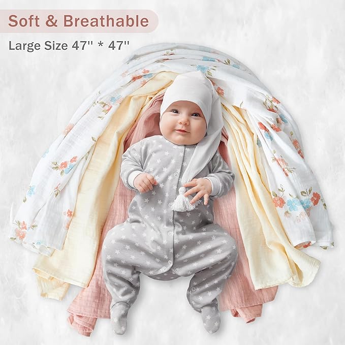 3-Pack 100% Cotton Muslin Swaddle Blankets, Large 47 x 47 Inches — Breathable Soft Receiving Blankets for Newborns, Swaddling Wraps, Registry Gift (Pink Floral Garden)