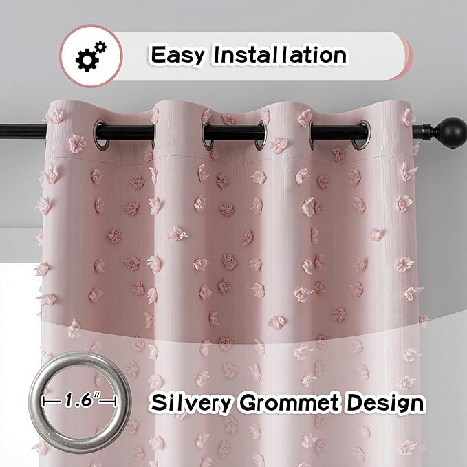 MYSKY HOME 100% Blackout Curtains for Girls Bedroom 95 Inch Long Total Room Darkening Curtain for Living Room 2 Panels Grommet Light Blocking Sliding Door Drapes Blush Pink Pom Pom Sheer 52 x 95 Inch