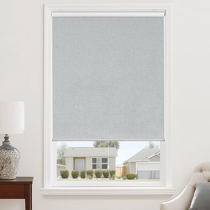 ChrisDowa Cordless 100% Blackout Roller Shade, with Striped Jacquard, Thermal Insulated, UV Protection Fabric, Total Blackout Blinds for Window, French Doors, Home and Office. Light Grey, 36"W x 72"H