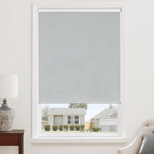 ChrisDowa Cordless 100% Blackout Roller Shade, with Striped Jacquard, Thermal Insulated, UV Protection Fabric, Total Blackout Blinds for Window, French Doors, Home and Office. Light Grey, 56"W x 72"H