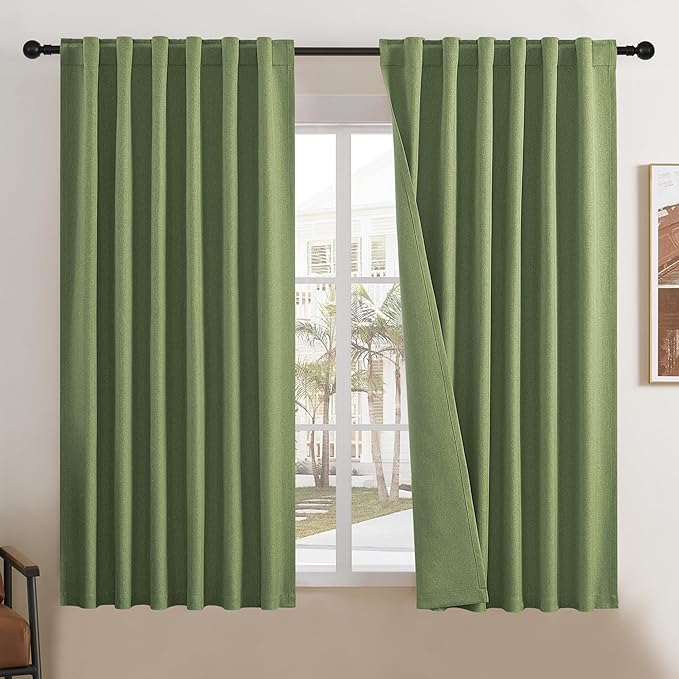 DUALIFE Sage Green Blackout Curtains 63 Inch Length for Bedroom Rod Pocket Back Tab Linen Drapes Thermal Insulated Sun Blocking Living Room Light Sage Green 2 Panels Set 50 Inch Wide by 63 Inch Long