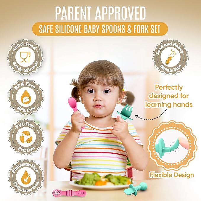 HippoBaby 4pc Silicone Baby Spoons Self Feeding Baby Utensils 6-12 Months - 3 Baby Spoon - 1 Baby Fork - Toddler Cutlery Set - BPA Free, Dishwasher Safe - Baby Eating Essentials (Pink/Blue)