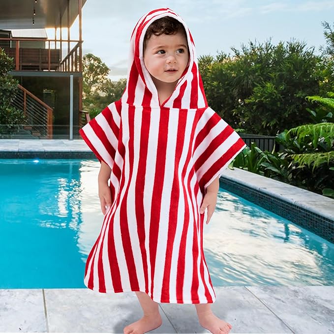 VOOVA & MOVAS Toddler Poncho Towels with Hood, Oversized (2-4Years,22"X22") Made from 100% Soft Cotton,Absorbent Hooded Towels for Baby Girls,Perfect for Pool | Swimming | Bath | Beach,Red Stripe