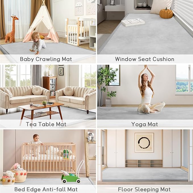 Baby Play Mat for Floor Tummy Time Mat Nursery Muscle Area Rug Playroom Rug Tatami 59"*71" Memory Foam 1.3" Thick Crawling For Babies,Toddlers, Infants, Kids,Floor(Light Gray)