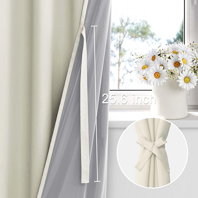 XWZO 100% Blackout Curtains 63 Inches Long with Tiebacks- Heat and Full Light Blocking, Thermal Insulated Window Panels with Grommets for Bedroom/Nursery, Ivory Beige, W42 x L63, Set of 2 Draperies