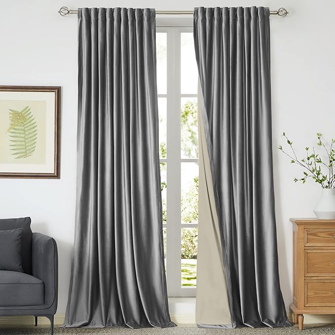 PRIMROSE 100% Blackout Grey Velvet Curtains Drapes 84 x 52 inch, Set of 2 Panels, Liner Rod Pocket Back Tab, Thermal, Living Room, Bedroom