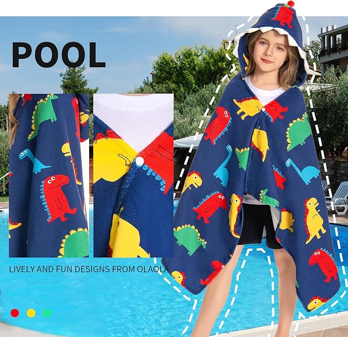 OLAOLA Colorful Dinosaur Hooded Towel for Kids 3-12 Years, 28" x 53" Soft Thick Absorbent Beach Towels, Toddler Bath Towel Wrap Swim Pool Towels Poncho for Boys Girls