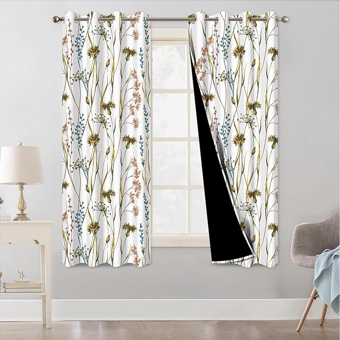 Floral Patterned Black Out Curtains 63 Inch Length, Thermal Insulated Blackout Curtains for Bedroom and Living Room, Grommet Soundproof Privacy Farmhouse Room Darkening Window Curtains 2 Panels Set