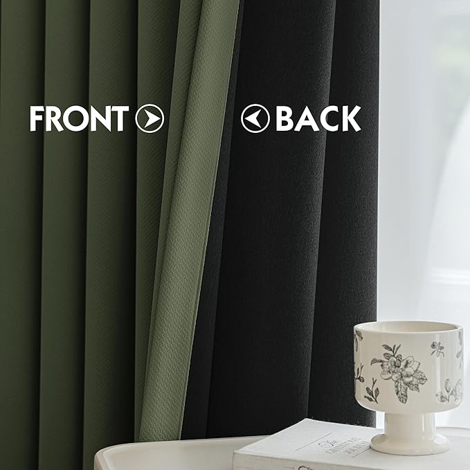 FMFUNCTEX 100% Blackout Curtains for Bedroom, Olive Green Curtains 63 Inches Long Textured Thermal Insulated Curtains for Living Room Drapes, Black Out Drapery Grommet Room Darkening 2 Panels