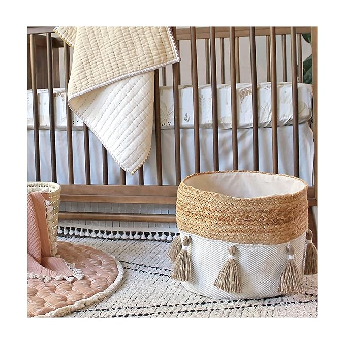 Crane Baby Boho Safari Nursery Decor Baby Storage Bin, Cotton & Jute Collapsible Fabric Basket Organizer, 13X12 Jute 13 X 12 Inches Beige