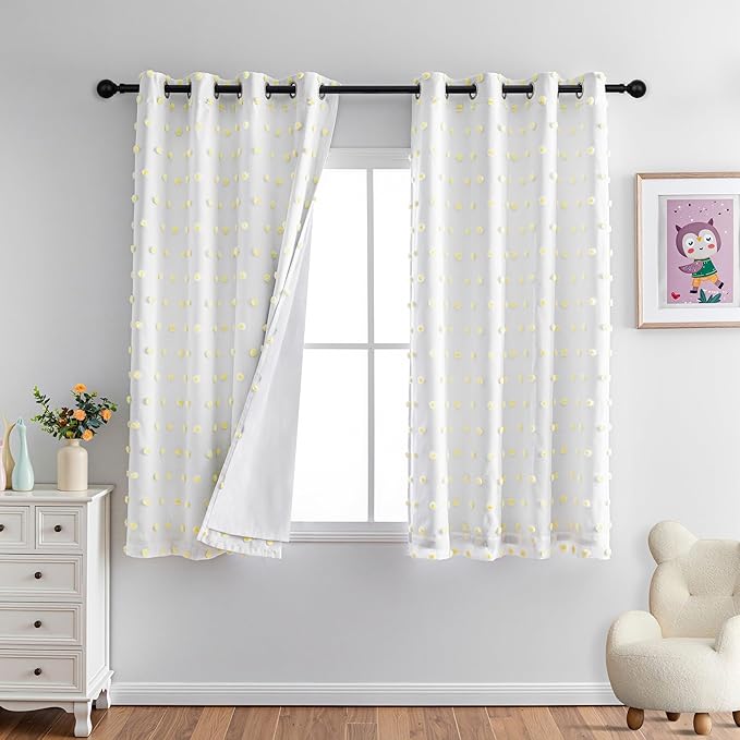 MYSKY HOME 100% Blackout Curtains for Nursery Thermal Insulated Yellow Pom Pom Curtains 63 Inch Length for Girls Bedroom 2 Panels Grommet White Sheer Curtains for Dining Room, 52W x 63L