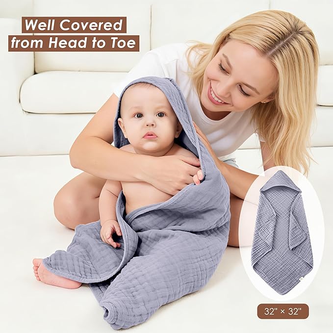 3-Pack Muslin Hooded Baby Towels, 100% Cotton, Ultra-Soft & Absorbent Baby Bath Towels with Hood for Babies, Infant, Toddler and Newbron (Grey and Navy Blue Series,32" x 32")