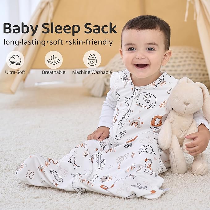 FIEMOL Baby Sleep Sack 6-12 Months, 0.5 TOG Wearable Blanket for Baby Boy and Girl, 2-Way Zipper Newborn and Infant Sleeping Bag 2 Pack, Lightweight Sleep Sacks Orange Animal（Medium）