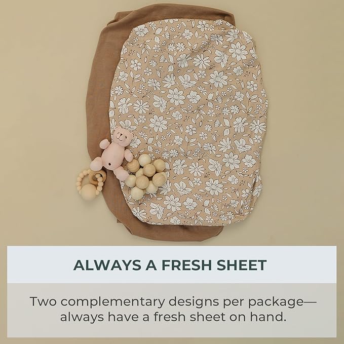 Pobibaby – 2 Pack Bassinet Sheets Girl, Bassinet Sheets Cotton for Girls and Floral Nursery for Standard Rectangle Bassinets – Ultra-Soft Jersey Knit, Safe and Snug for Baby (Meadow)