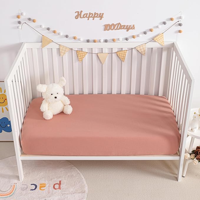 NTBAY 2 Pack Muslin Cotton Mini Crib Sheets, Soft and Breathable Double Layer 24x38 Baby Crib Sheets for Mini Crib and Toddler Mattresses, Boys, Girls, Unisex, Blush Pink, 24x38 Inches