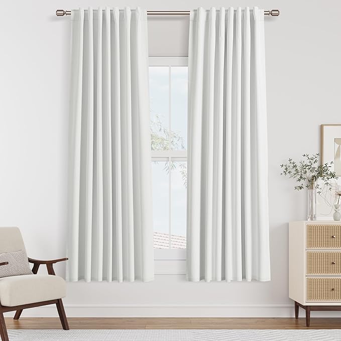 Guken White 100% Blackout Linen Curtains 52 Inch Wide by 68 Inch for Living Room Bedroom Back Tab Thermal Insulated Black Out Linen 2 Drapes Room Darkening Window Curtains