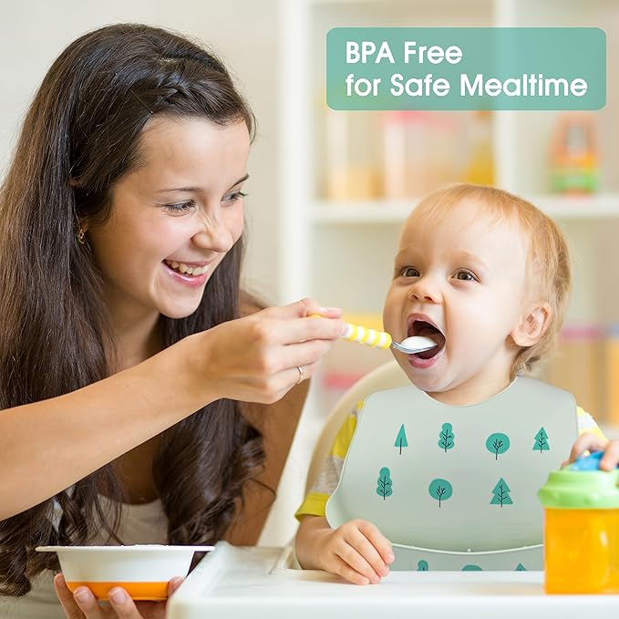 BEBE FAVOUR 2 Pack Silicone Baby Bibs Adjustable Fit Waterproof Bib With Leak Proof Food Pouch Catcher for Eating Boys Girls