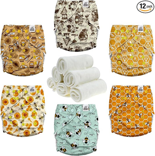 Mama Koala 3.0 Pocket Cloth Diapers for Babies with Suede Lining, 6 Pack with 6 4-Layer Natural Cloth Diaper Inserts - Reusable and Washable Pocket Diapers (S-Hardworking Bees)