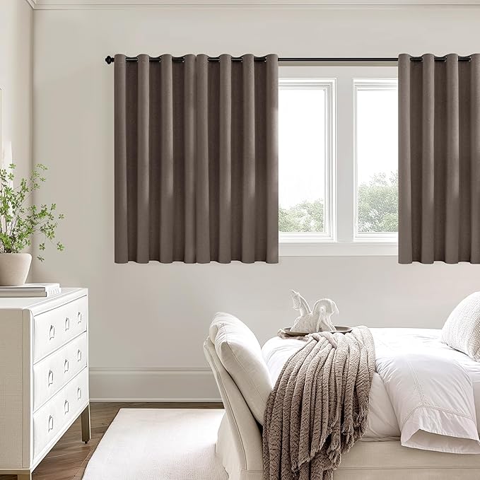 ChrisDowa 100% Blackout Brown Solid Curtains 45 Inches Long 2 Panels for Bedroom Living Room,Farmhouse Room Darkening Thermal Insulated Soundproof Grommet Top Window Treatment Drapes,52x45