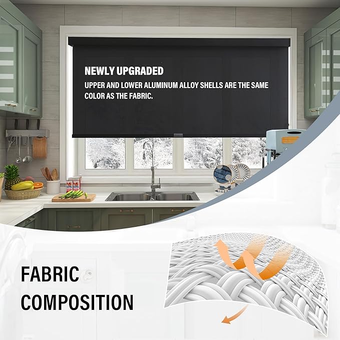 AOSKY Light Filtering Roller Shades Cordless Blinds for Windows, 1% Openness Free-Stop Shades with Valance, Thermal Insulated Fabric, UV Protection, Natural Woven Blinds（26" W x 72" H, Black）