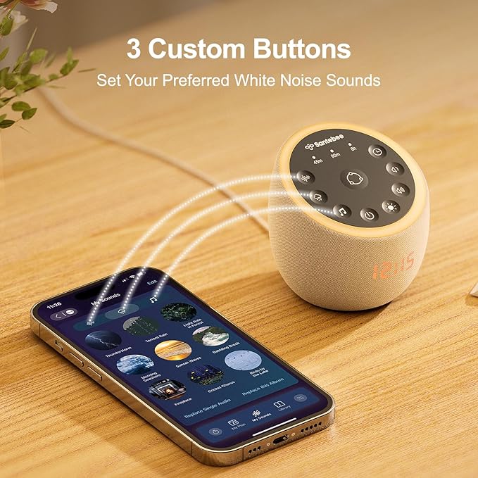White Noise Sound Machine for Sleeping, 388 Soothing Sounds, Smart APP Control, Custom Buttons, Non Looping Natural Sounds, Bedside Dimmable Clock, Night Light, Santebee for Adults Baby Kids Lullaby