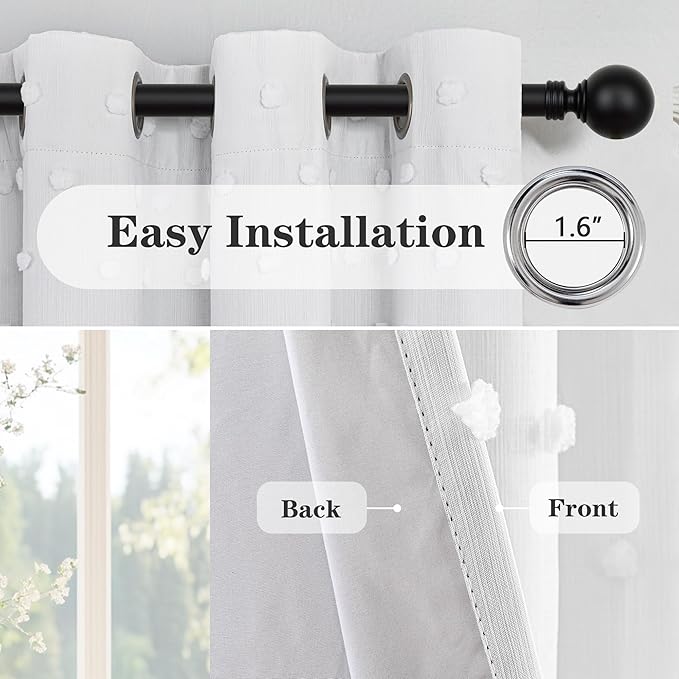 MEETSKY White Blackout Curtains for Bedroom 63 Inches Long Total Light Blocking Drapes for Nursery/Kids/Girls Room 2 Panels Grommet 100% Room Darkening Short Curtains with Pom Pom,52 x 63 Inch