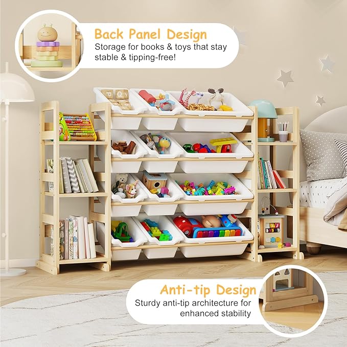 Extra Large Toy Storage - Toy Storage Organizer, Wooden Toy Organizer with 6 Side Shelves and 12 Bins, 3-in-1 Bookshelf for Kids Rooms, Playroom, Nursery, White