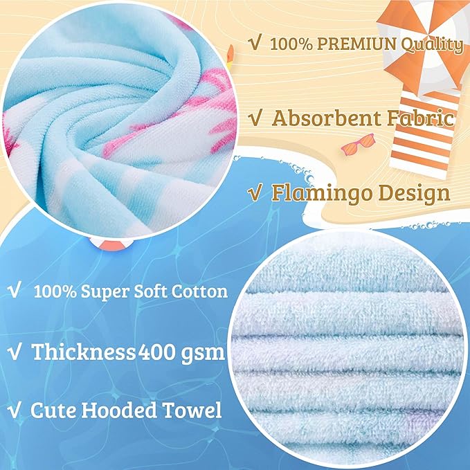 VOOVA & MOVAS Flamingo Hooded Towels for Girls Age 3-8, 30''X50, Soft | Thick |100% Cotton | Absorbent Wrap Towel, Perfect for Beach, Pool, Bath, Swim, Tropical Flamingo