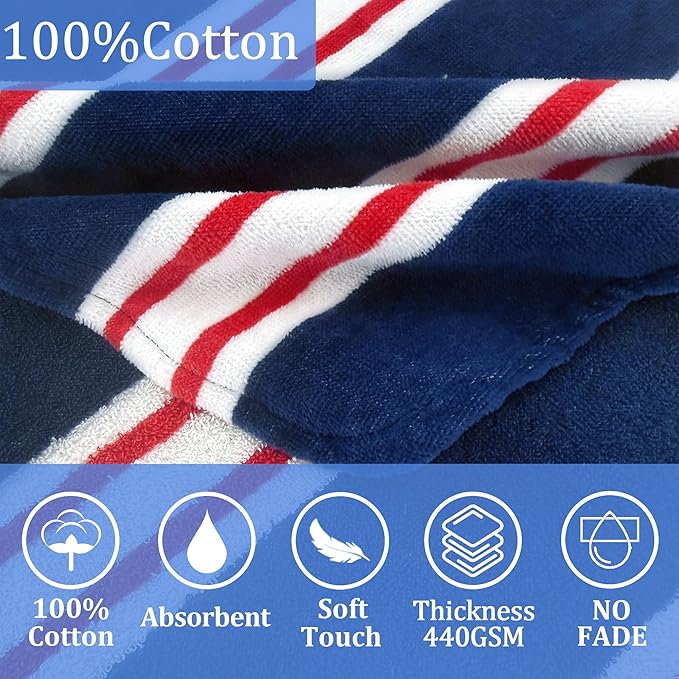 Toddler Bath Towels with Hood, Oversized (2-4Years,22"X22") Made from 100% Soft Cotton,Absorbent Hooded Poncho Towel for Baby Girl,Perfect for Pool | Swimming | Bath | Beach,Navy Red Stripe