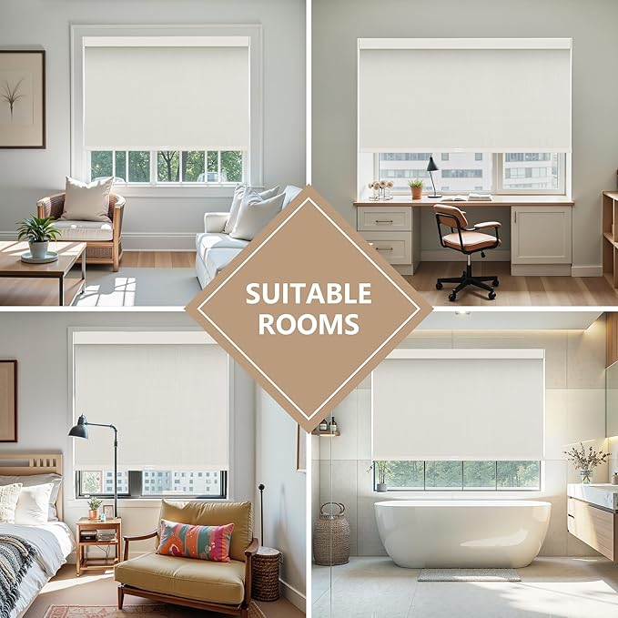 AOSKY Linen Roller Blinds Shades for Indoor Windows Pull Down Cordless Blackout Black Out Window Shade 40 Inch Blinds for Home Beige