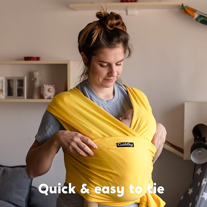 Cuddlebug Hands-Free Baby Carrier - Soft & Stretchy Wrap for Newborn to Toddler 7-35 lbs - One-Size-Fits-All Hip-Healthy Holder (Yellow)