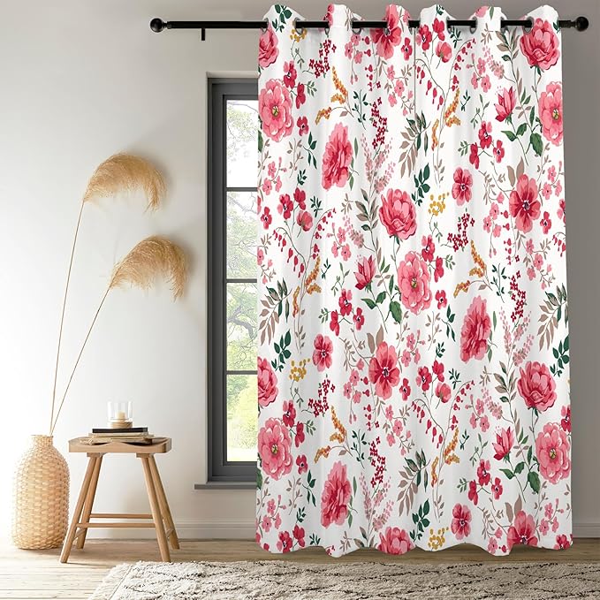 Renaiss Pink Rose Floral Curtains Red Peony Flowers Blackout Window Curtains for Bedroom Thermal Insulated Living Room Window Drapes 29W x 45L Inches 2 Panel Set, Grommet Top