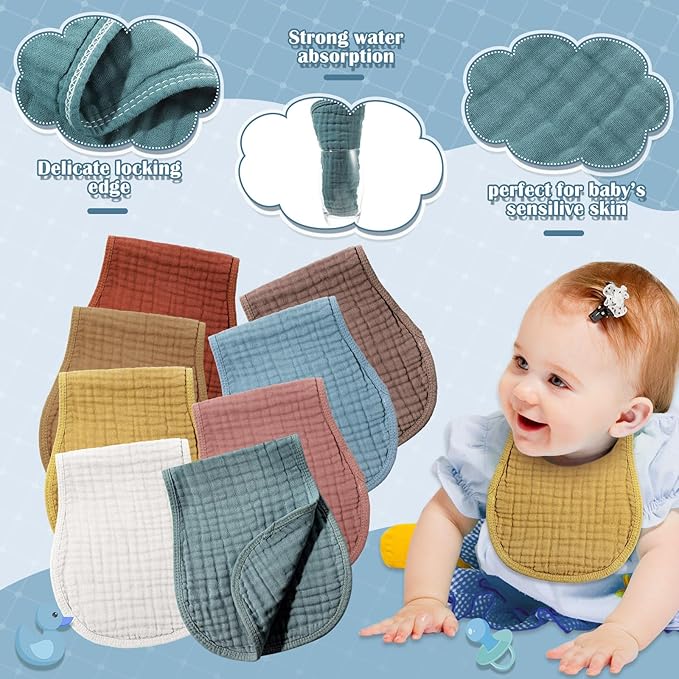 Frienda 8 Pack Muslin Burp Cloths for Baby Large 20 x 10 Inch Cotton Burp Rags for Spit up Drool Absorbent Soft Multicolor Wash Cloths Diapers for Newborn Girl Boy Essential Shower Gift(Retro Color)
