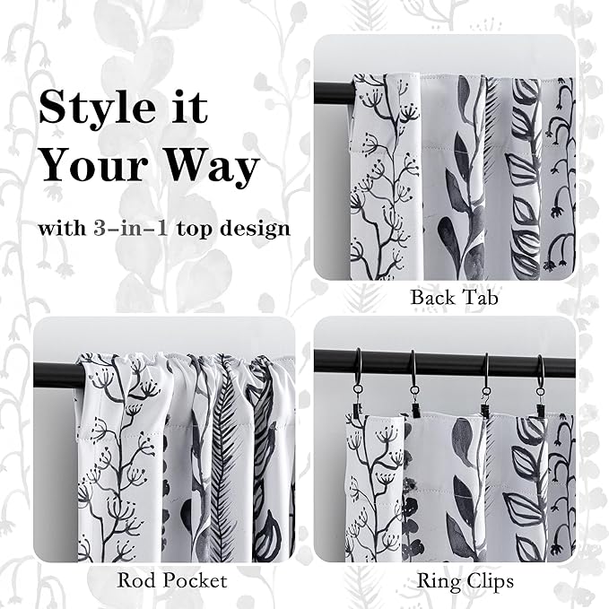 MEETSKY Boho Blackout Leaves Patterned Curtains 63 Inch Long 2 Panels Set for Bedroom, Room Darkening Dark Grey Drapes for Living Room, Thermal Insulated Rod Pocket Back Tab Window Treatment, 50"Wide