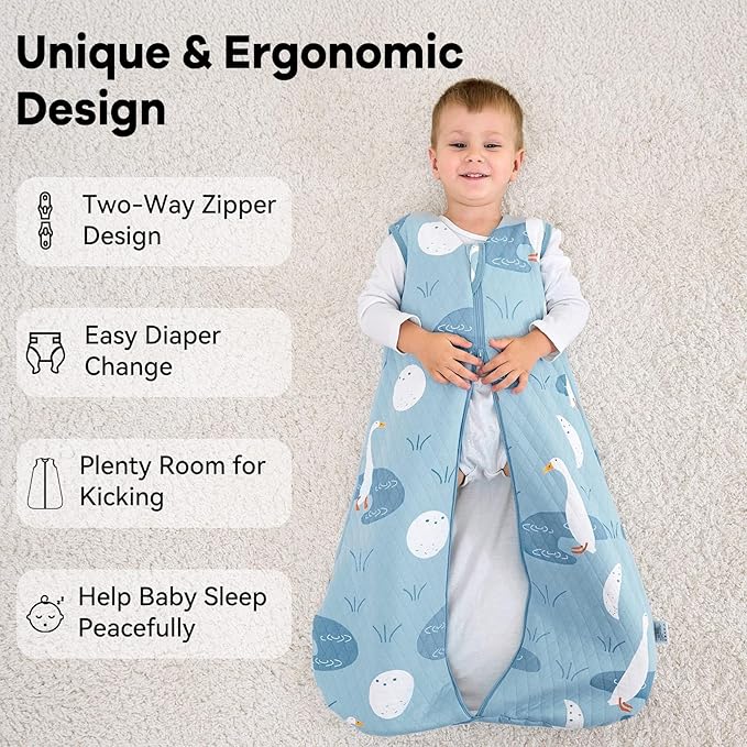Unnivoll Baby Sleep Sack 6-12 Months 1.5 Tog Baby Wearable Blanket 100% Cotton Fabric Warm Sleeping sack with 2-Way Zipper Quilted for Infant Newborn Tog Blue Duck