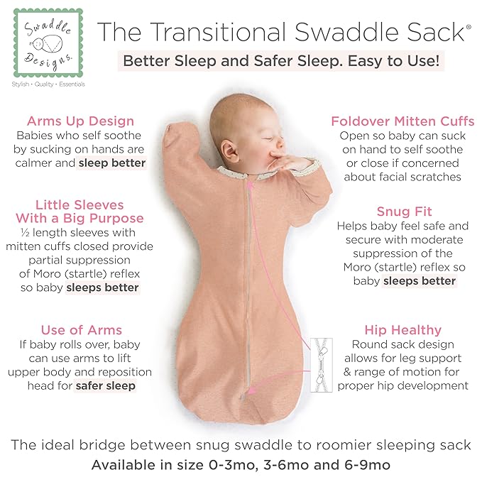SwaddleDesigns Transitional Swaddle Sack, Arms Up Half-Length Sleeves & Mitten Cuffs, Swaddle for Newborn Transition to Baby Sleep Sack Wearable Blanket, 0-3 Month, 6-14 lb, Heathered Peach Blush