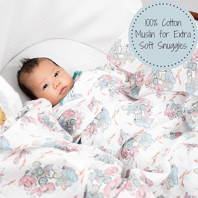 LollyBanks Baby Blanket, 100% Cotton Muslin Swaddle for Baby Girls, Soft and Breathable 47 x 47 Inches Receiving Blanket, Lightweight Newborn Swaddle, Newborn Essentials Must Haves (Lotus Print)