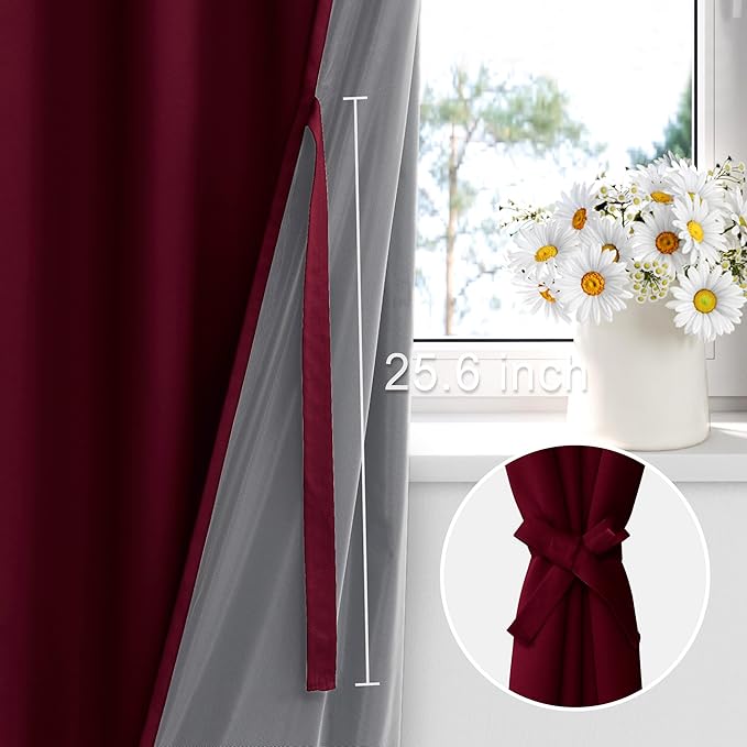 XWZO 100% Blackout Curtains with Tiebacks- 2 Thick Layers Completely Shaded Window Treatment Thermal Insulated Lined Drapes with Grommets for Bedroom/Patio Door, Burgundy, W42 x L84, Set of 2 Panels